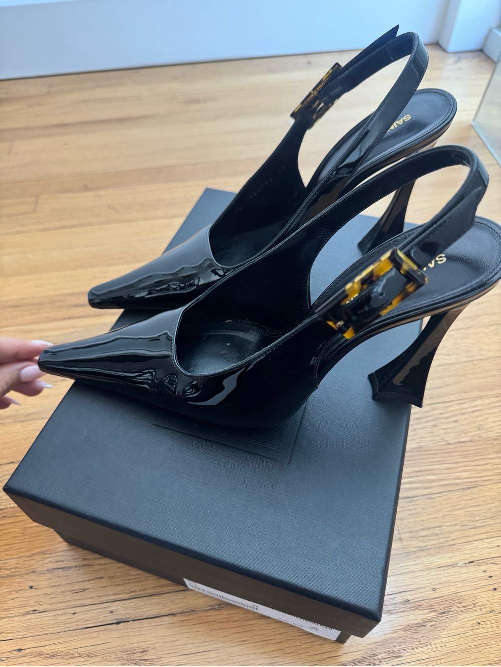 Yves Saint Laurent Black Patent Slingback Heels with Tortoiseshell Buckle